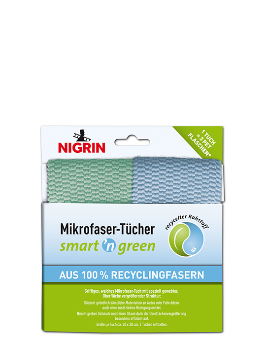 NIGRIN smart ’n green Recycling-Mikrofasertücher (Set mit 2 Tüchern; Größe je Tuch ca. 30 x 30 cm)